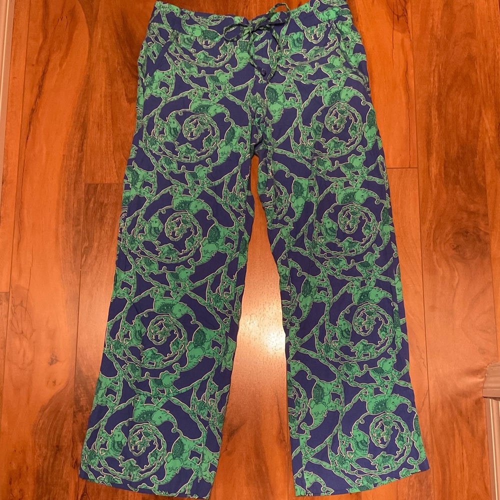 LILLY PULITZER ELEPHANT PRINT DRAWSTRING WIDE-LEG PANTS BLUE/GREEN SIZE S